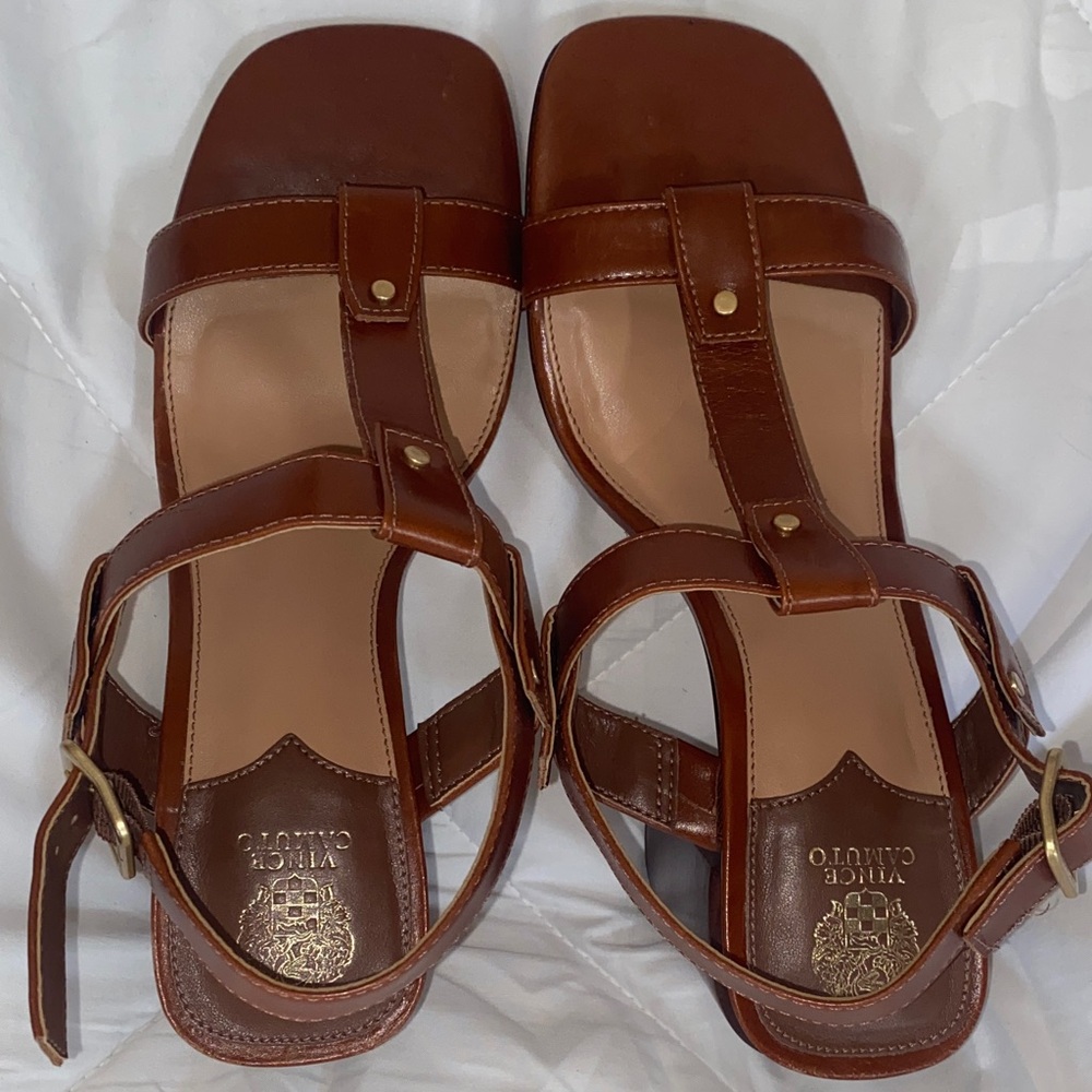 Vince Camuto Brown Leather T-Strap Sandals